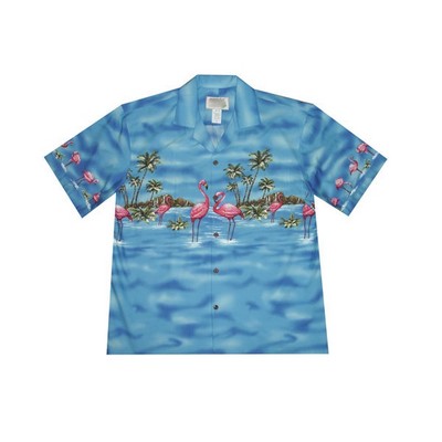 Blue Hawaiian Border Print Cotton Poplin Shirt w/ Button Front