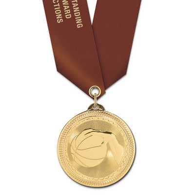 2" Basketball Brite Laser Medal w/ Satin Neck Ribbon