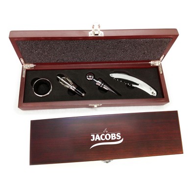 Wine Accessories 4-Piece Gift Set in Mahogany Brown Wooden Box