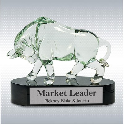 Clear Art Glass Bull On Black Base