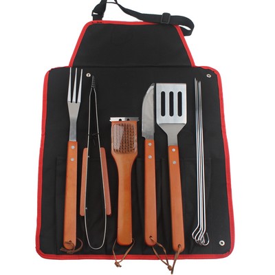 Maverick Wooden-Handle BBQ Sets w/ Apron (9 Piece Set)