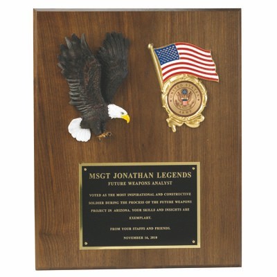 Eagle Flag Plaque Walnut Finish Takes 2" Medallion (12"x15")