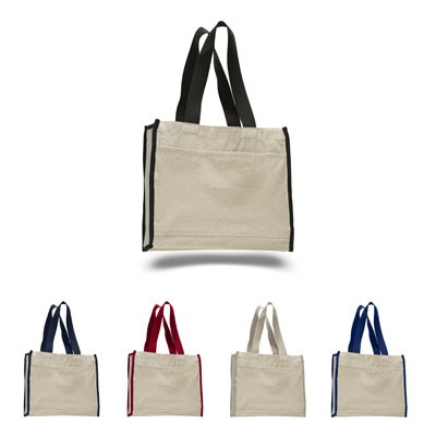 Colored Trim Canvas Gusset Tote with Large Front Pocket with 5.25" Gusset( 10 Colors Available )