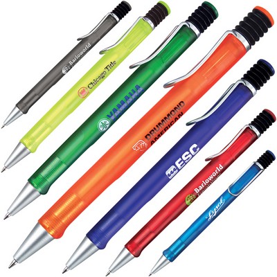 Plunge Action Plastic Ballpoint Pen w/ Frosted Body & Silver Pocket Clip (OUTDATED)