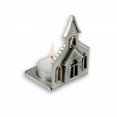 Metal 3D Church Figurine w/Candlestick