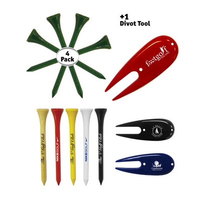 Golf Tee Pack - 4 x Wooden Golf Tees & 1 Divot Repair Tool