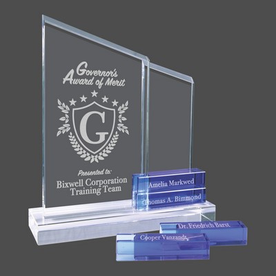 Crystal Perpetual Standup Plaque with Blue Crystal Blocks 8" x 9"