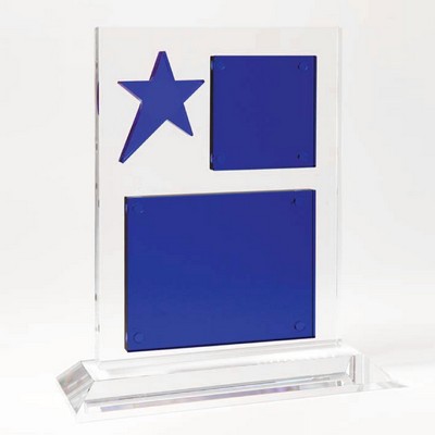 Blue Dazzling Star optical crystal award/trophy. 9"H x 8-5/8"W x 3-1/8"D