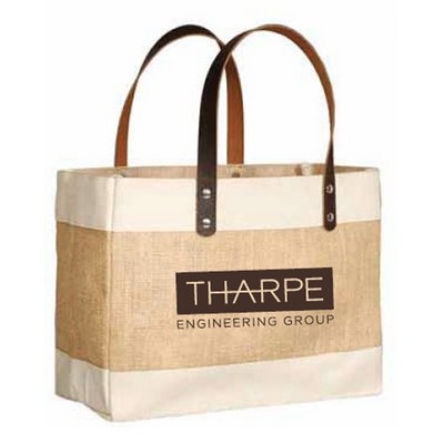 Laminated SERENE Elegant Jute/Cotton Tote w/Fancy Leather Handles