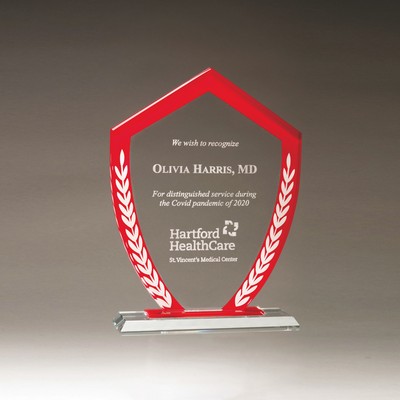 Shield Shaped Glass Award with Red Border and White Laurel Leaves (5.875 x 8.125)