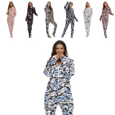 Women's Flannel One-Piece Pajama Zipper Hooded Playsuit