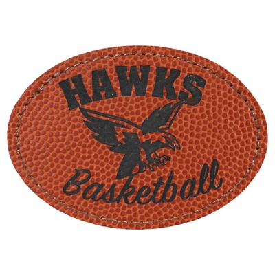 Oval Engraved Basketball Patch with Adhesive, Faux Leather, 3 1/2" x 2 1/2"