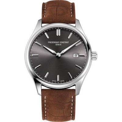 Frederique Constant® Men's Classic Quartz Brown Leather Strap Watch w/Gray Dial