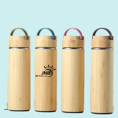 15 oz Vacuum-Sealed Bamboo Water Bottle with Metal Handle