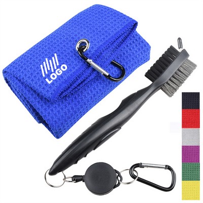 Golf Clean Set Tri Fold Microfiber Towel Brush Tool Kit