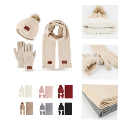 3 Piece Winter Knit Hat Scarf Gloves Set with Fur Pom Pom