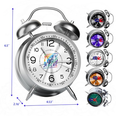 Twin Bell Retro 4 Inch Silent Non Ticking Quartz Alarm Clock with Backlight Metal Dial