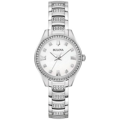 Bulova Watches Ladies' Crystal Stainless Steel Bracelet Watch, White Mop Dial