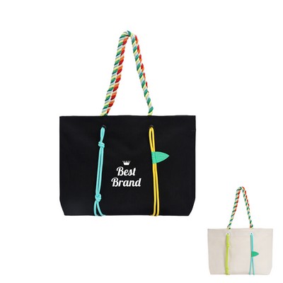 Large Capacity Canvas Tote Bag With Colorful Rope Handles