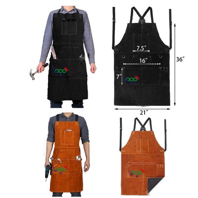 Durable Leather Welding Work Apron with 6 Tool Pockets