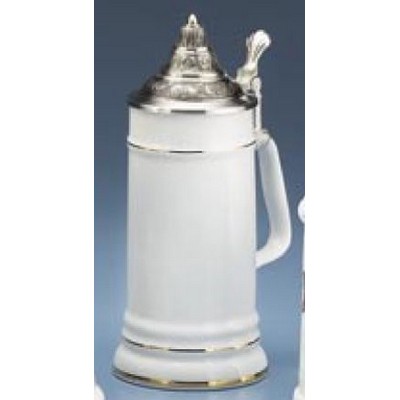 Custom White Stoneware Stein Mug w/Gold Bands & Conical Lid