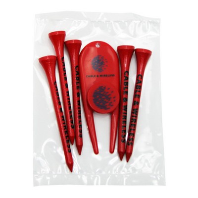 Golf Tee Poly Bag Set with 5 Tees, 1 Ball Marker & 1 Divot Tool