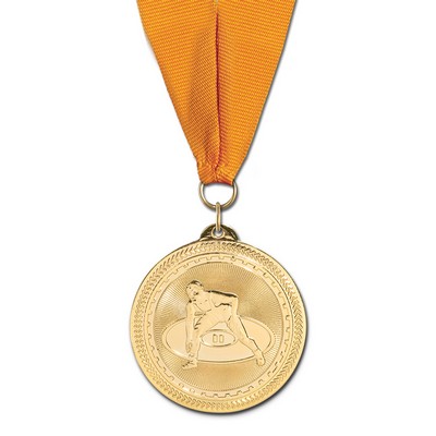 2" Wrestling Brite Laser Medal w/ Grosgrain Neck Ribbon