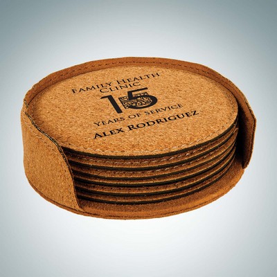 6 Piece Cork Round Coaster Set w/Holder