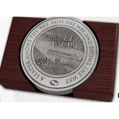 3.75" Custom Pewter Executive Coasters - Set of 2 w/ Flat Holder