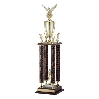 38" Four-Column Walnut Finish Trophy w/Eagle Trim, Cup, Takes Figure & Insert