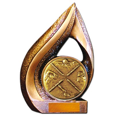 Stock 9" Flame Trophy with 2" Swimming Male Coin and Engraving Plate