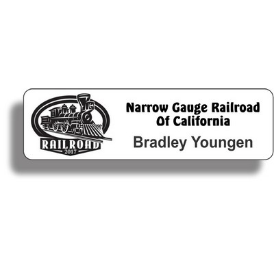 Enameled white metal badge, Frameless Badge w/ black printing (3/4"x 3")