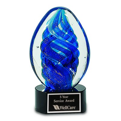 6" Blue Oval Swirl Art Glass Award