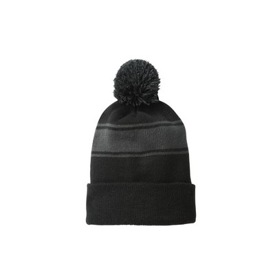 Classic Knit Stripe Beanie w/Pom, Black/Dk Grey