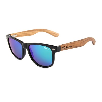 Zebra Wood Sunglasses - Green Mirror Lenses, Black Frames