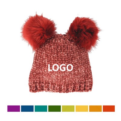 Kid Chenille Beanie with 2 Pom-poms