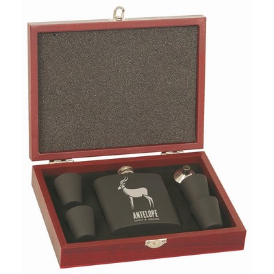 6 oz. Matte Black Laserable Stainless Steel Flask Set in Wood Presentation Box