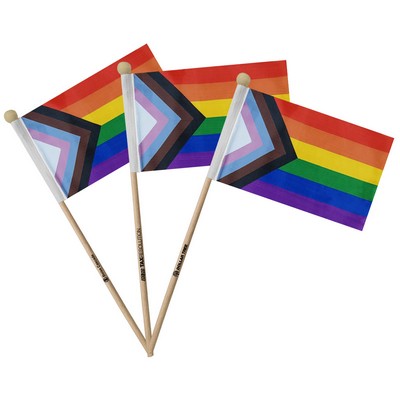 LGBTQ+ 4"x6" Progress Pride Flag With Wooden Pole - New Official Design