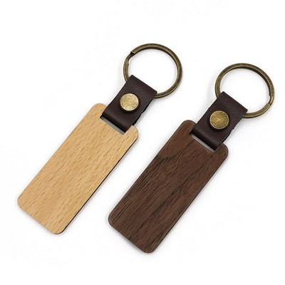 Premium Rectangle Wood Keychain w/ Leather Strap