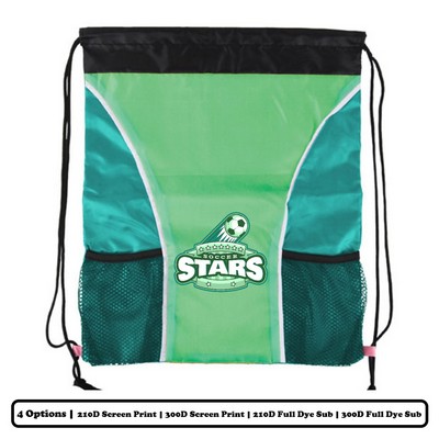 Full Sublimation Multi-Panel Polyester Drawstring Bag With Bottle Holder & Mesh Pocket