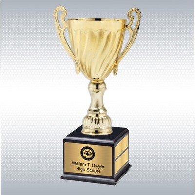 22.25" Gold Metal Cup w/Plastic Stem and Matte Black Base Perpetual Trophy