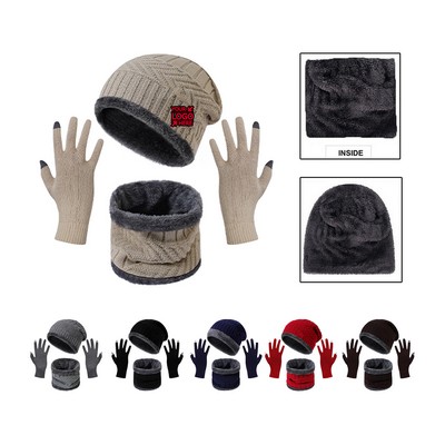 Winter Beanie Hat Scarf Touchscreen Gloves Set