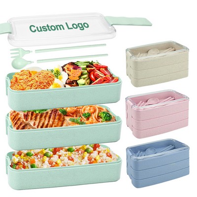 3-Layer Wheat Straw Bento Box w/Cultery, Lunch