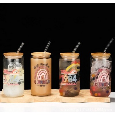 16oz Drinking Glass Cup with Bamboo Lid and Glass Straw