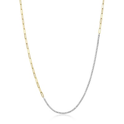 Charles Garnier Sterling Silver "Modern Paperclip" Oblong Chain with CZ Necklace - Silver and Gold