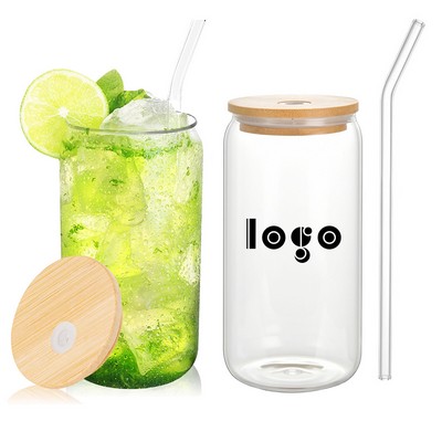 16oz Beer Can Shaped Glasses With Straw & Bamboo Lid