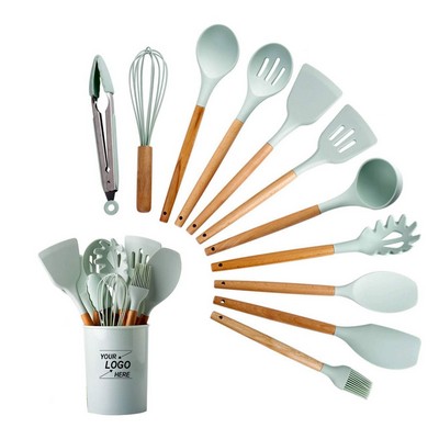 12-Piece Silicone Kitchen Utensil Set with Wooden Handles and Storage Bucket