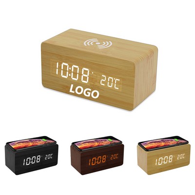 Wooden Digital Alarm Clock with Wireless Charging