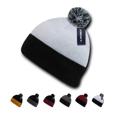 DeckyTwo Tone Athletic Pom Pom Beanie Knit Cap