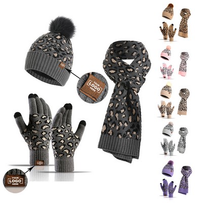 Women's Leopard Print Knitted Beanie, Scarf, and Gloves Set 3 in 1